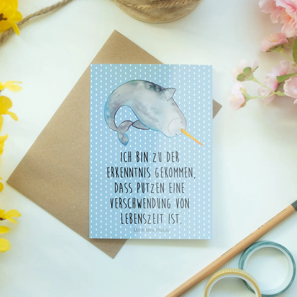 Greetings card Narwhal Ansichtskarten, Hochzeitskarte, Glückwunschkarte, Geburtstagskarte, Klappkarte, Einladungskarte, Karte, Grußkarte, Meerestiere, Meer, Urlaub, Junggesellin, Hausfrau, aufräumen, Wal, Putzen, Kinderzimmer, Narwal