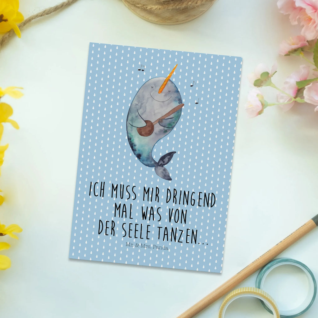 Pocztówka narwal Gitara Ansichtskarte, Postkarte, Motivkarte, einzelkarte, spruchkarte, bildkarte, Postkarten, Kunstkarten, Ansichtskarten, Designkarte, Grußkarte, Fotokarte, kunstkarte, Urlaub, Meerestiere, Meer, Narwal, Problemlösung, Wal, Probleme, Tanzen, Gespräche, Gitarre, Frust