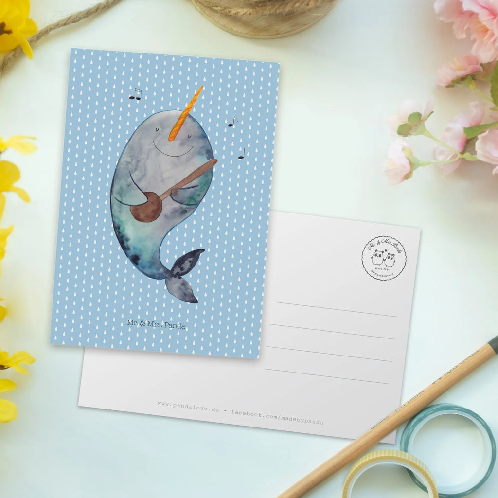 Pocztówka narwal Gitara Ansichtskarte, Postkarte, Motivkarte, einzelkarte, spruchkarte, bildkarte, Postkarten, Kunstkarten, Ansichtskarten, Designkarte, Grußkarte, Fotokarte, kunstkarte, Urlaub, Meerestiere, Meer, Narwal, Problemlösung, Wal, Probleme, Tanzen, Gespräche, Gitarre, Frust