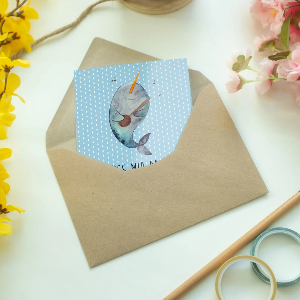 Greetings card narwhal guitar Grußkarten, kommunionskarte, glückwunschkarten, Grußkarte, firmungskarte, osterkarte, hochzeitskarten, spruchkarte, dankeskarten, Glückwunschkarte, Klappkarte, jubiläumskarte, valentinstagskarte, einladungskarten, weihnachtskarten, Motivkarte, neujahrskarte, osterkarten, Beileidskarte, abiturkarte, genesungskarte, babykarte, vatertagskarte, Meerestiere, Urlaub, Meer, Gespräche, Frust, Probleme, Tanzen, Problemlösung, Wal, Gitarre, Narwal
