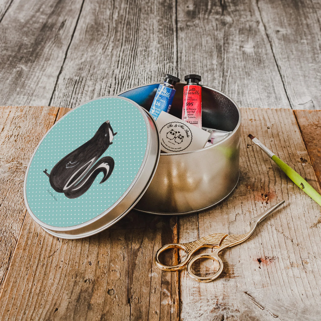 okrągła puszka z blachy skunks siedzenie Stinktier, Skunk