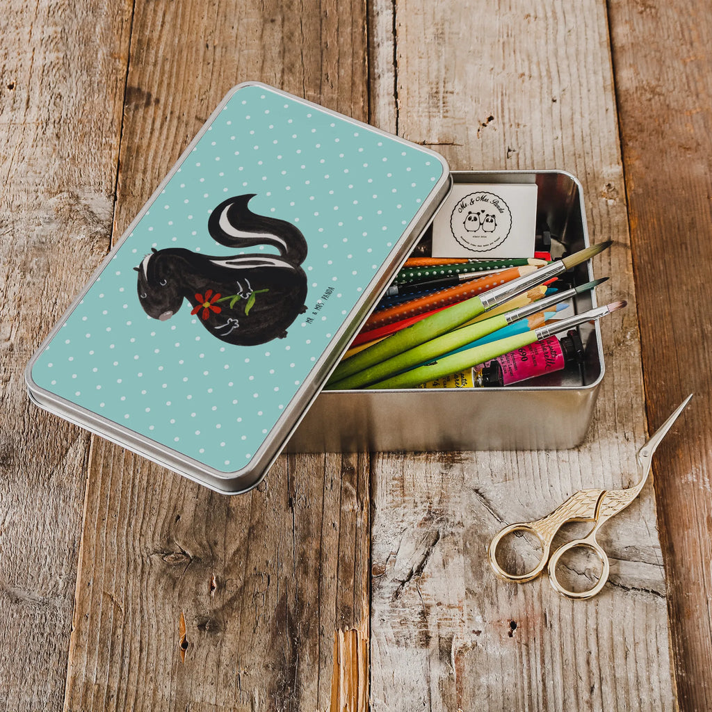 Metal tin skunk flower storage box, container, storage tin, tin box, lunch box, lock-up box, aluminium tin, metal box, tins, Tin can, cookie tin, Skunk, daydreamer, stinker, dreams, dreamy, wild animal, skunk, stink, predator