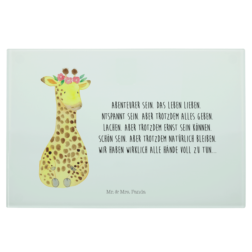 Glasschneidebrett Giraffe Blumenkranz Glasschneidebrett, Schneidebrett, Frühstücksbrett, Küche, Afrika, Wildtiere, Giraffe, Blumenkranz, Abenteurer, Selbstliebe, Freundin
