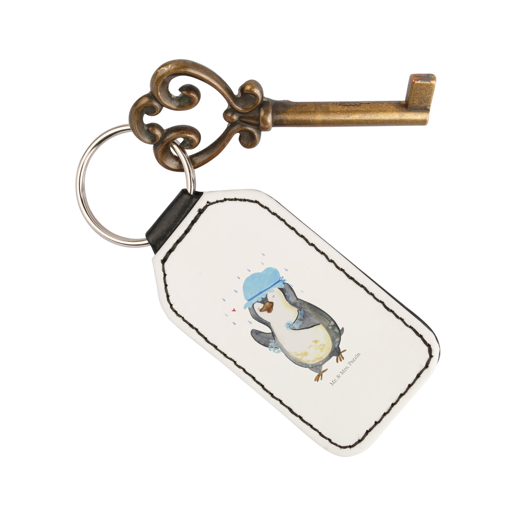 Rechteckig Schlüsselanhänger Pinguin duscht Schlüsselanhänger, Anhänger, Taschenanhänger, Glücksbringer, Schutzengel, Pinguin, Pinguine, Dusche, duschen, Lebensmotto, Motivation, Neustart, Neuanfang, glücklich sein