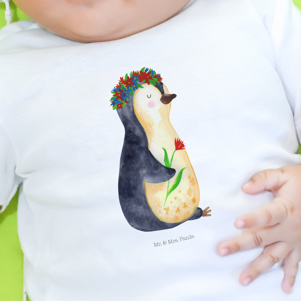 Organic Baby Shirt Pinguin Blumen Baby T-Shirt, Jungen Baby T-Shirt, Mädchen Baby T-Shirt, Shirt, Pinguin, Pinguine, Blumenkranz, Universum, Leben, Wünsche, Ziele, Lebensziele, Motivation, Lebenslust, Liebeskummer, Geschenkidee
