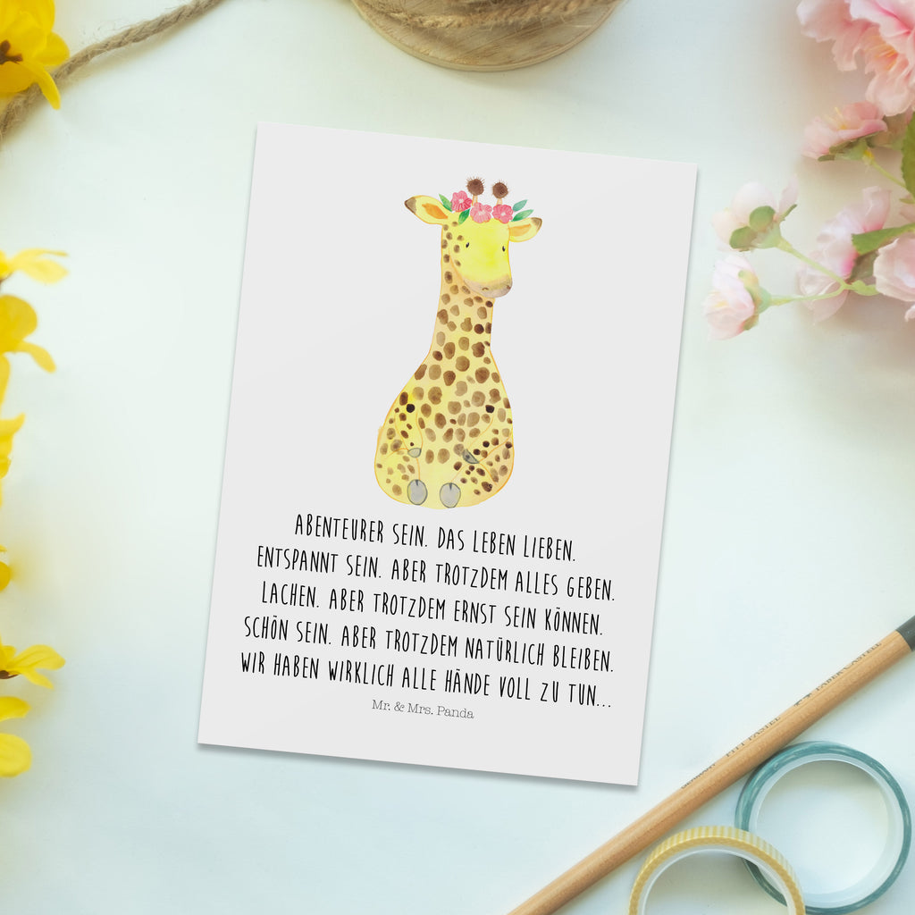 Postkarte Giraffe Blumenkranz Postkarte, Karte, Geschenkkarte, Grußkarte, Einladung, Ansichtskarte, Geburtstagskarte, Einladungskarte, Dankeskarte, Afrika, Wildtiere, Giraffe, Blumenkranz, Abenteurer, Selbstliebe, Freundin