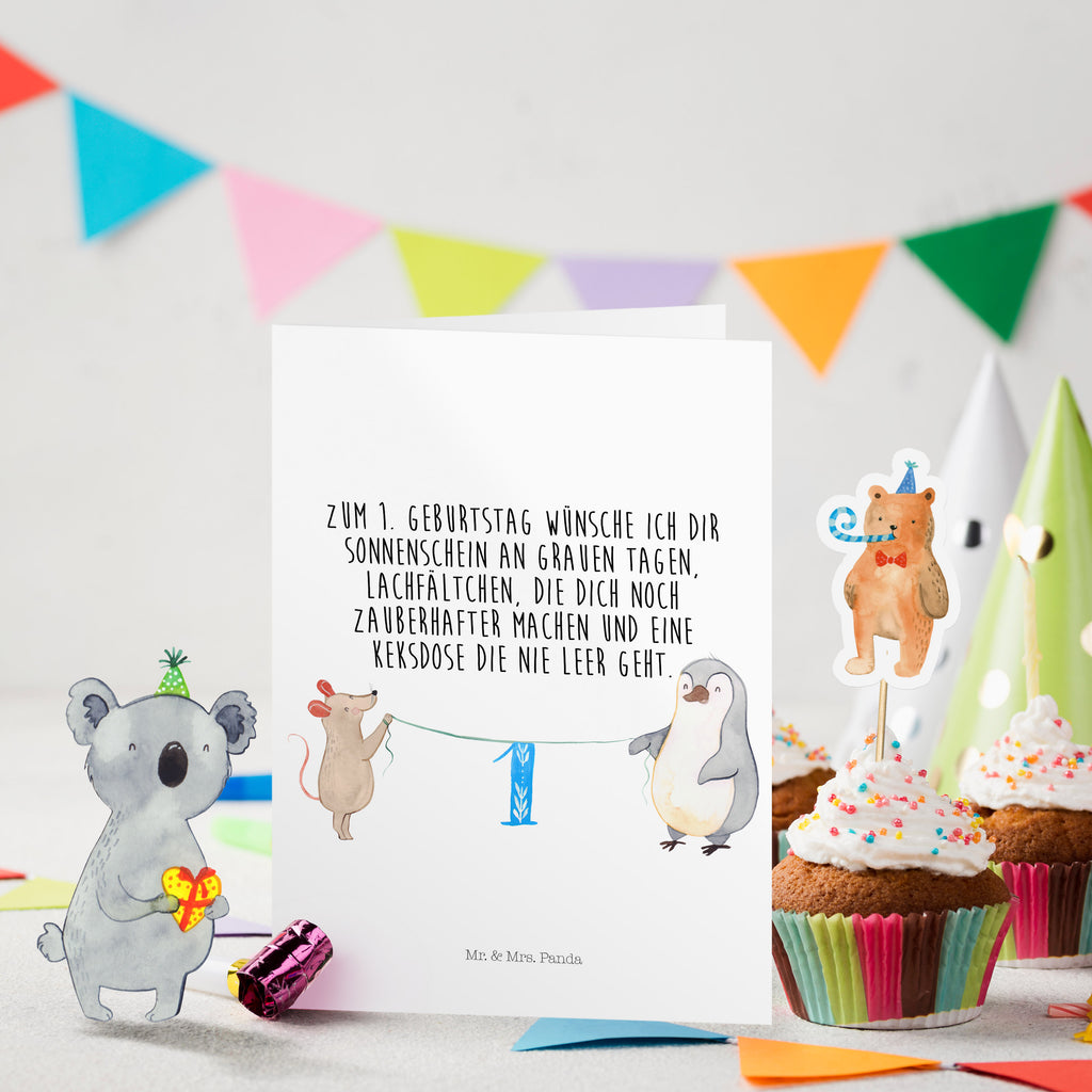 Geburtstagskarte 1. Geburtstag Maus Pinguin Grusskarte, Klappkarte, Einladungskarte, Glückwunschkarte, Hochzeitskarte, Geburtstagskarte, Geburtstag, Geburtstagsgeschenk, Geschenk, Party, Feiern, Torte, Kuchen