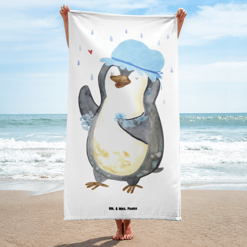 XL Badehandtuch Pinguin duscht Handtuch, Badetuch, Duschtuch, Strandtuch, Saunatuch, Pinguin, Pinguine, Dusche, duschen, Lebensmotto, Motivation, Neustart, Neuanfang, glücklich sein