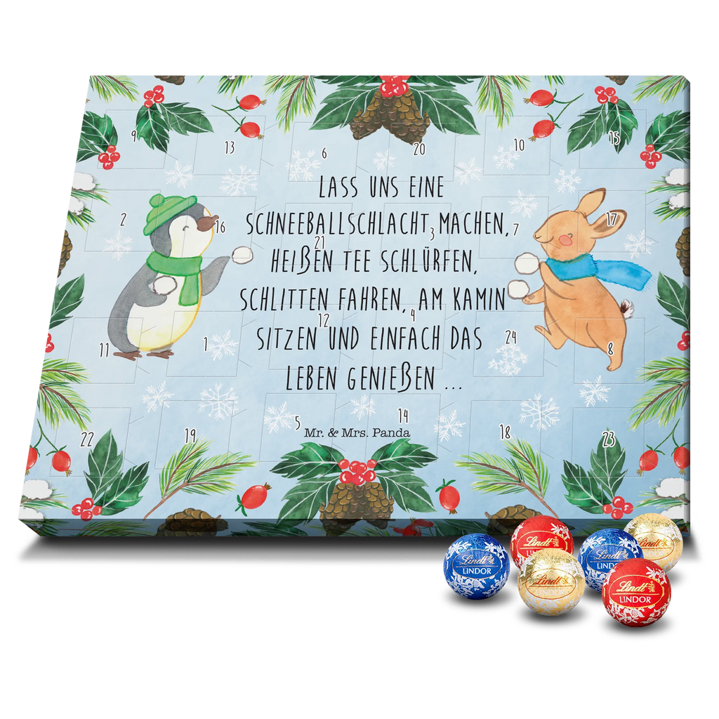 Chocolate advent calendar penguin rabbit snowball fight Christmas time, snow