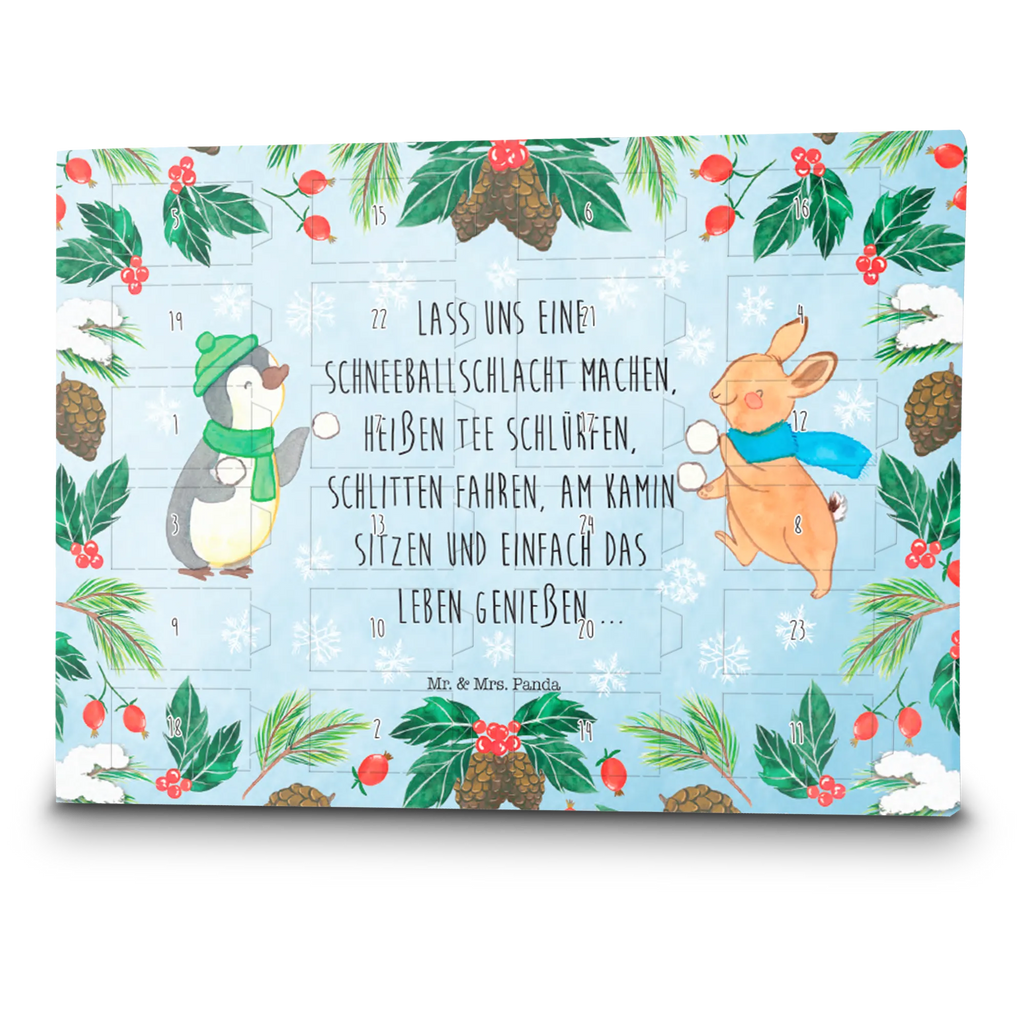 Chocolate advent calendar penguin rabbit snowball fight Christmas time, snow