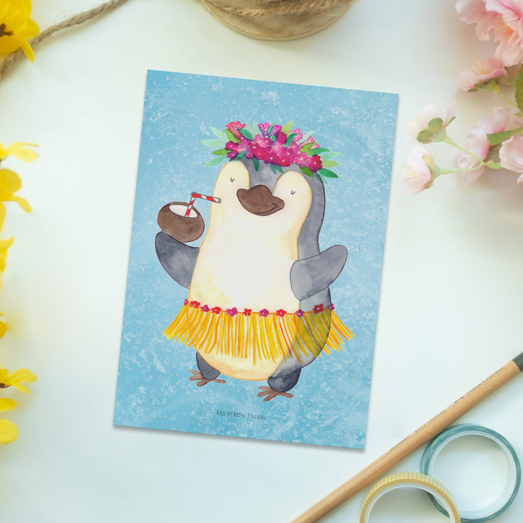 Postkarte Pinguin Kokosnuss Geschenkkarte, Grußkarte, Karte, Einladung, Ansichtskarte, Geburtstagskarte, Einladungskarte, Dankeskarte, Pinguin, Aloha, Hawaii, Urlaub, Kokosnuss, Pinguine