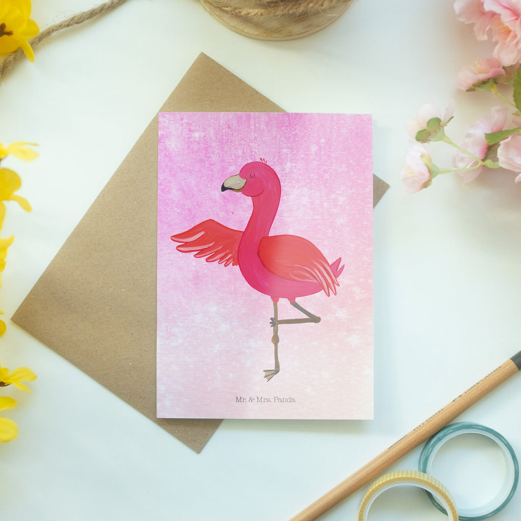 Grußkarte Flamingo Yoga Grußkarte, Klappkarte, Einladungskarte, Glückwunschkarte, Hochzeitskarte, Geburtstagskarte, Karte, Flamingo, Vogel, Yoga, Namaste, Achtsamkeit, Yoga-Übung, Entspannung, Ärger, Aufregen, Tiefenentspannung