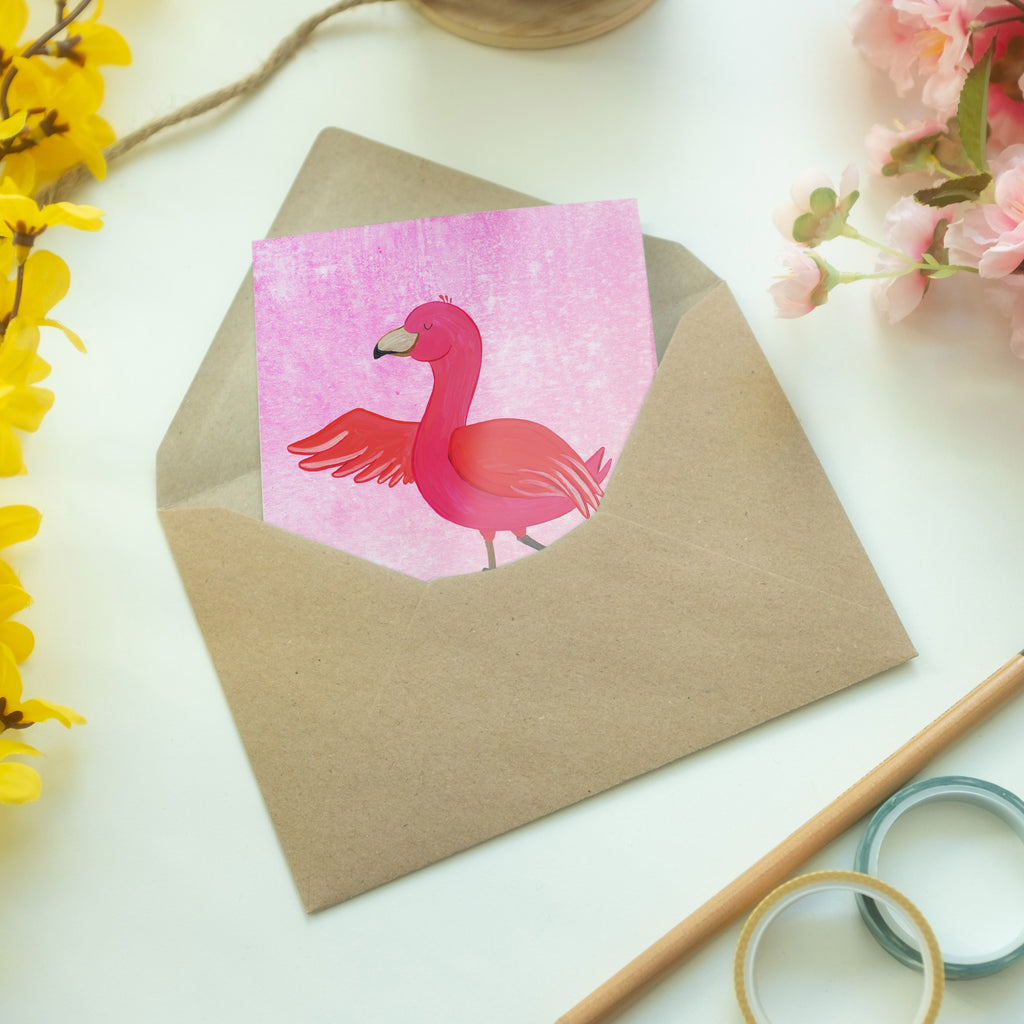 Grußkarte Flamingo Yoga Grußkarte, Klappkarte, Einladungskarte, Glückwunschkarte, Hochzeitskarte, Geburtstagskarte, Karte, Flamingo, Vogel, Yoga, Namaste, Achtsamkeit, Yoga-Übung, Entspannung, Ärger, Aufregen, Tiefenentspannung