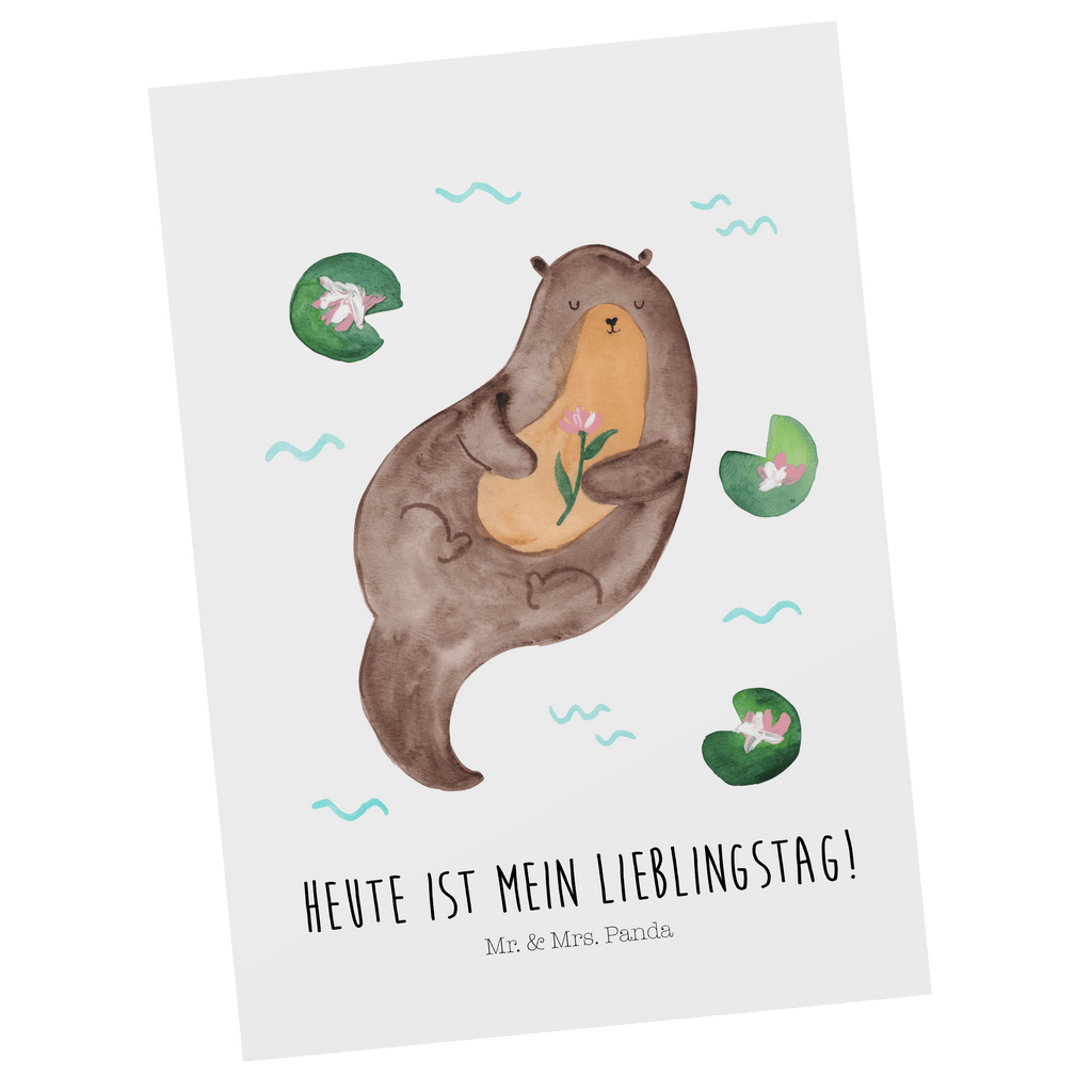 Postkarte Otter mit Seerose Postkarte, Karte, Geschenkkarte, Grußkarte, Einladung, Ansichtskarte, Geburtstagskarte, Einladungskarte, Dankeskarte, Otter, Fischotter, Seeotter, Otter Seeotter See Otter