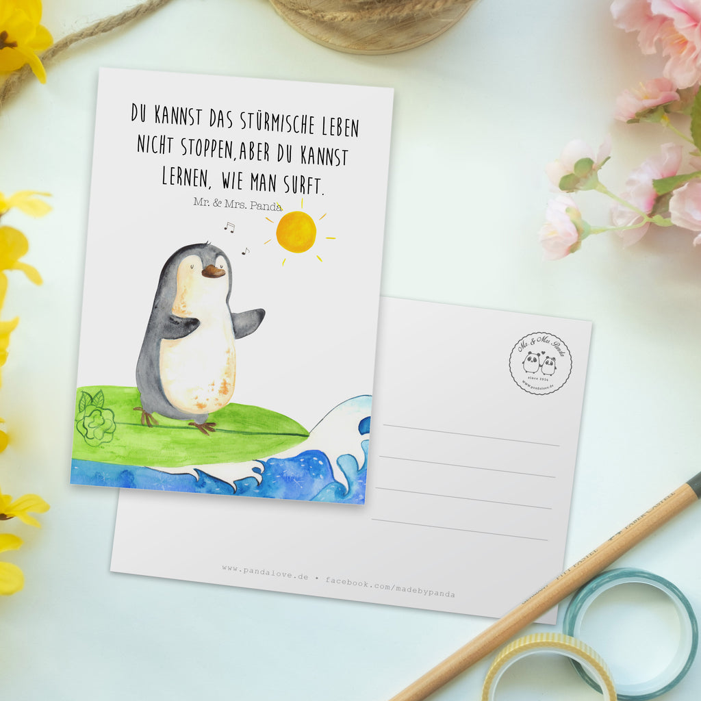 Postkarte Pinguin Surfer Geschenkkarte, Grußkarte, Karte, Einladung, Ansichtskarte, Geburtstagskarte, Einladungskarte, Dankeskarte, Pinguin, Pinguine, surfen, Surfer, Hawaii, Urlaub, Wellen, Wellen reiten, Portugal