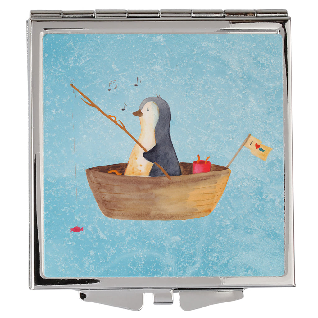 Handtaschenspiegel quadratisch Pinguin Angelboot Spiegel, Handtasche, Quadrat, silber, schminken, Schminkspiegel, Pinguin, Pinguine, Angeln, Boot, Angelboot, Lebenslust, Leben, genießen, Motivation, Neustart, Neuanfang, Trennung, Scheidung, Geschenkidee Liebeskummer