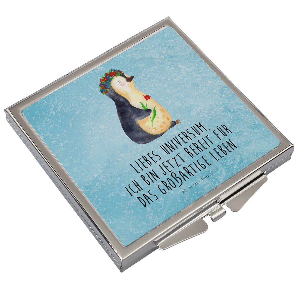 Handtaschenspiegel quadratisch Pinguin Blumenkranz Spiegel, Handtasche, Quadrat, silber, schminken, Schminkspiegel, Pinguin, Pinguine, Blumenkranz, Universum, Leben, Wünsche, Ziele, Lebensziele, Motivation, Lebenslust, Liebeskummer, Geschenkidee