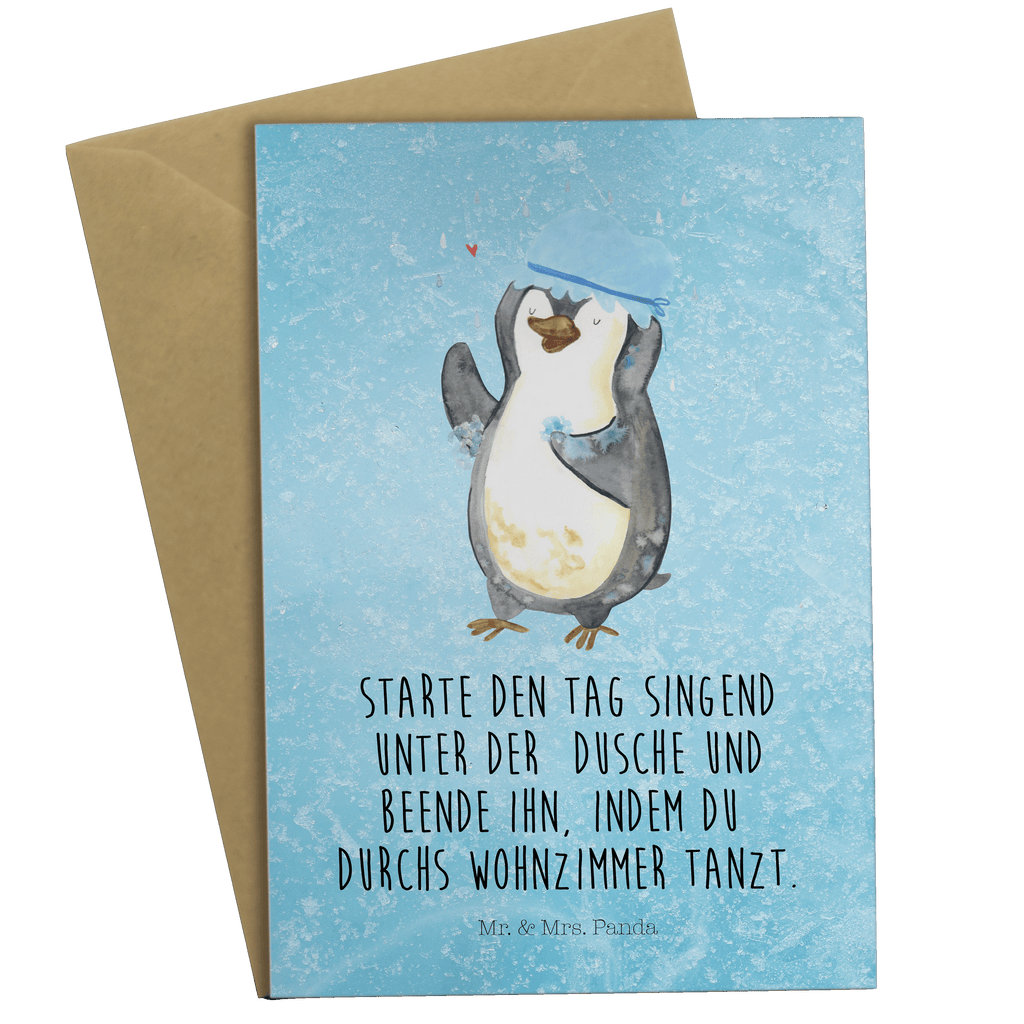 Grußkarte Pinguin duscht Grußkarte, Klappkarte, Einladungskarte, Glückwunschkarte, Hochzeitskarte, Geburtstagskarte, Karte, Pinguin, Pinguine, Dusche, duschen, Lebensmotto, Motivation, Neustart, Neuanfang, glücklich sein