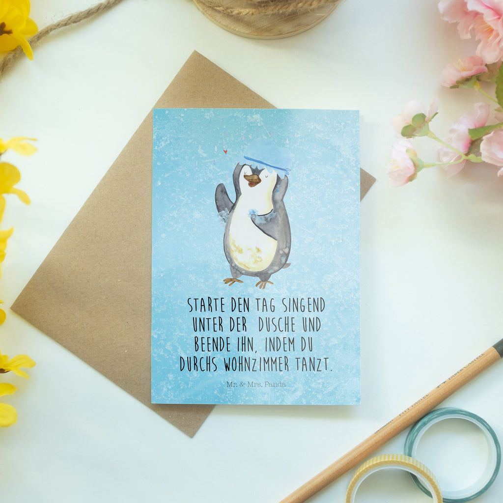 Grußkarte Pinguin duscht Klappkarte, Einladungskarte, Glückwunschkarte, Hochzeitskarte, Geburtstagskarte, Karte, Pinguin, Pinguine, Dusche, duschen, Lebensmotto, Motivation, Neustart, Neuanfang, glücklich sein