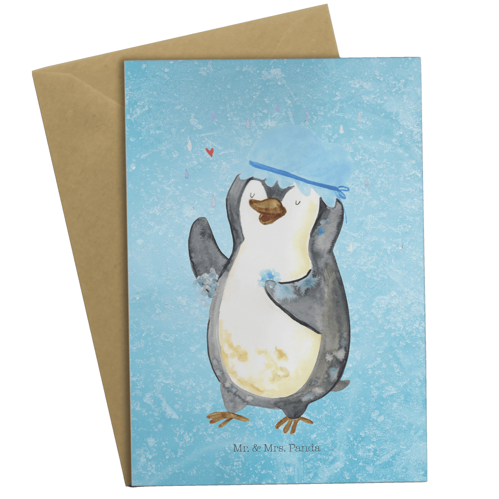 Grußkarte Pinguin duscht Klappkarte, Einladungskarte, Glückwunschkarte, Hochzeitskarte, Geburtstagskarte, Karte, Pinguin, Pinguine, Dusche, duschen, Lebensmotto, Motivation, Neustart, Neuanfang, glücklich sein