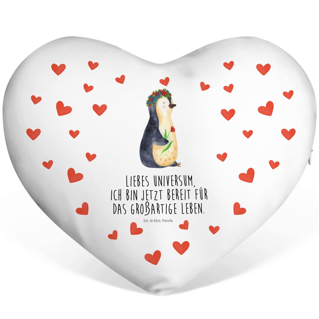 Herzkissen Pinguin Blumenkranz Kissen, Herzkissen, Herzform, Herz, Dekokissen, Pinguin, Pinguine, Blumenkranz, Universum, Leben, Wünsche, Ziele, Lebensziele, Motivation, Lebenslust, Liebeskummer, Geschenkidee